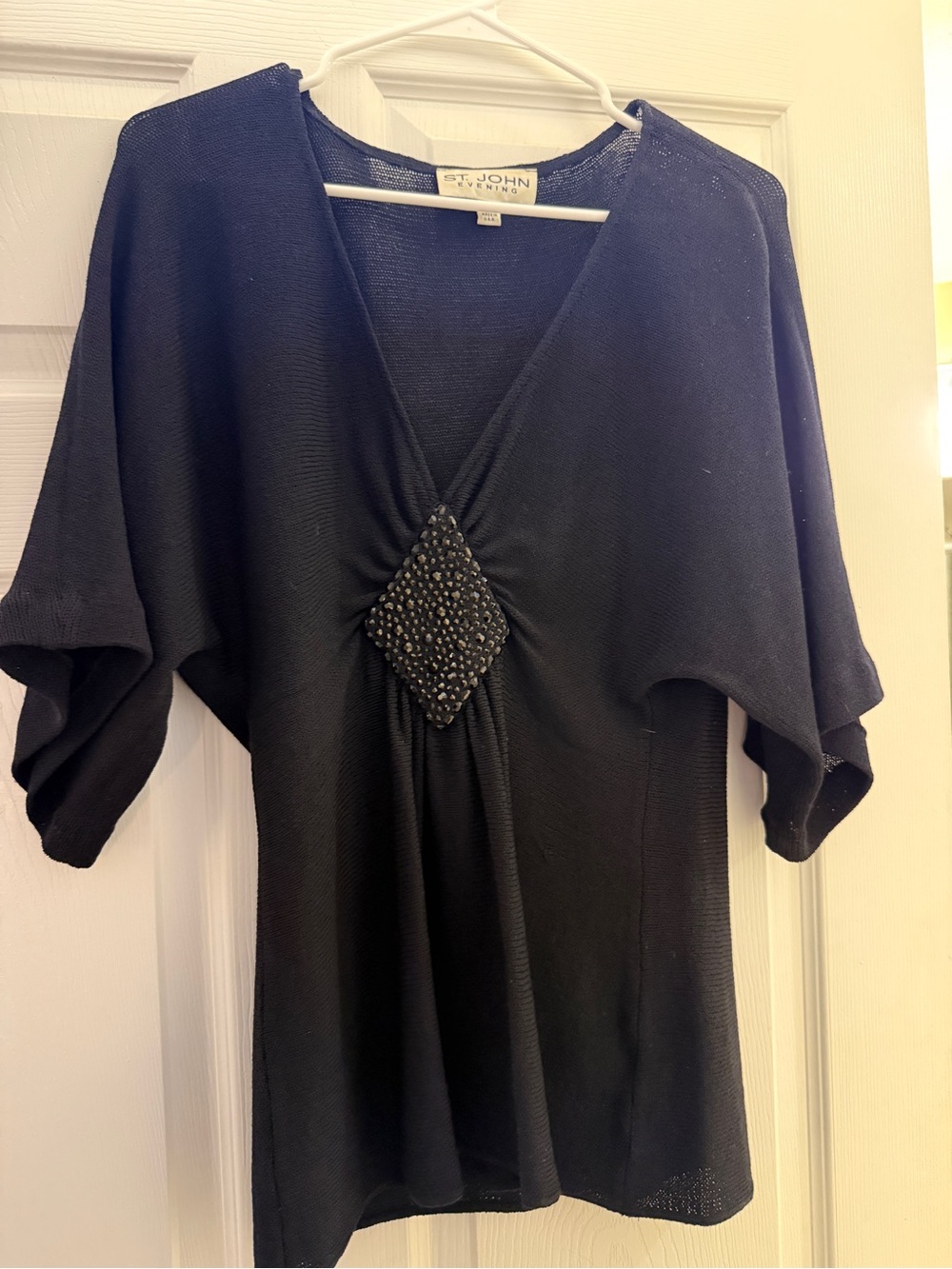 St. John Jersey Knit Black Evening V-Neck Beaded Accent Top